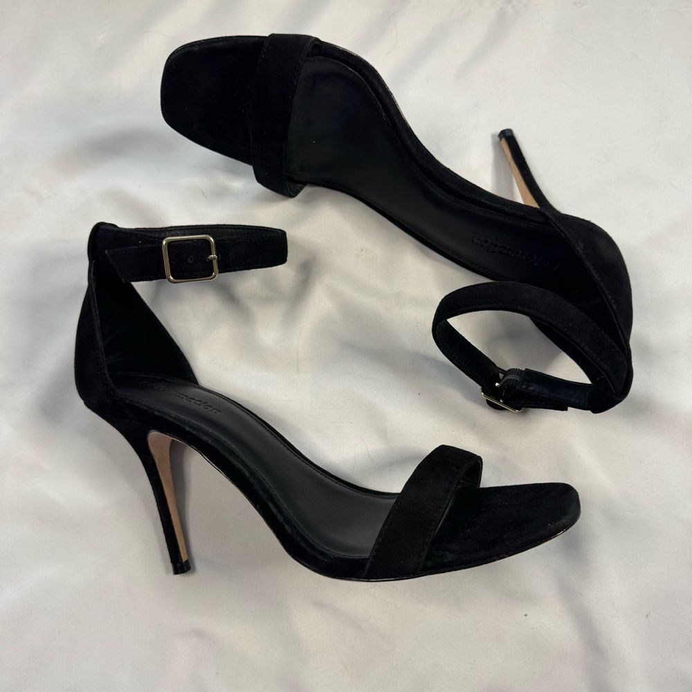 Reformation Black Kelly Stiletto Heel Sandal Ankle Strap Suede Formal Size 7.5
